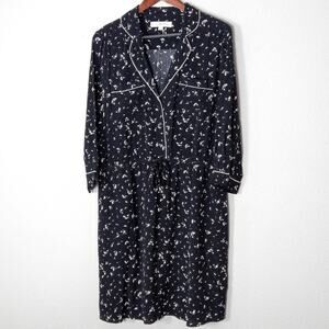 Ann Taylor LOFT Black Print Shirt Dress Size L Pajama Chic Button Front